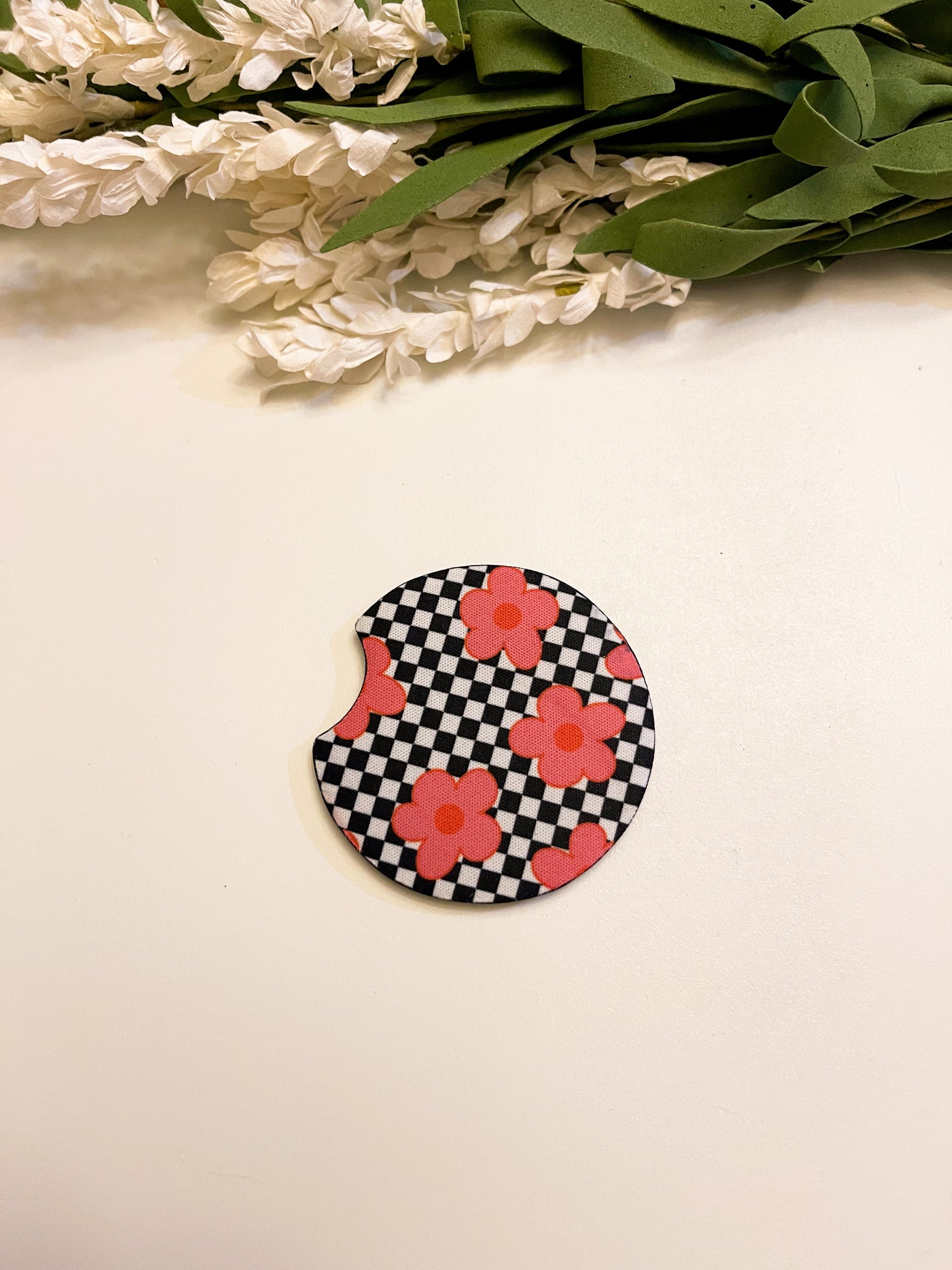 Checkered Flower Neoprene Car Coaster