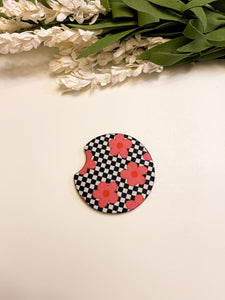 Checkered Flower Neoprene Car Coaster