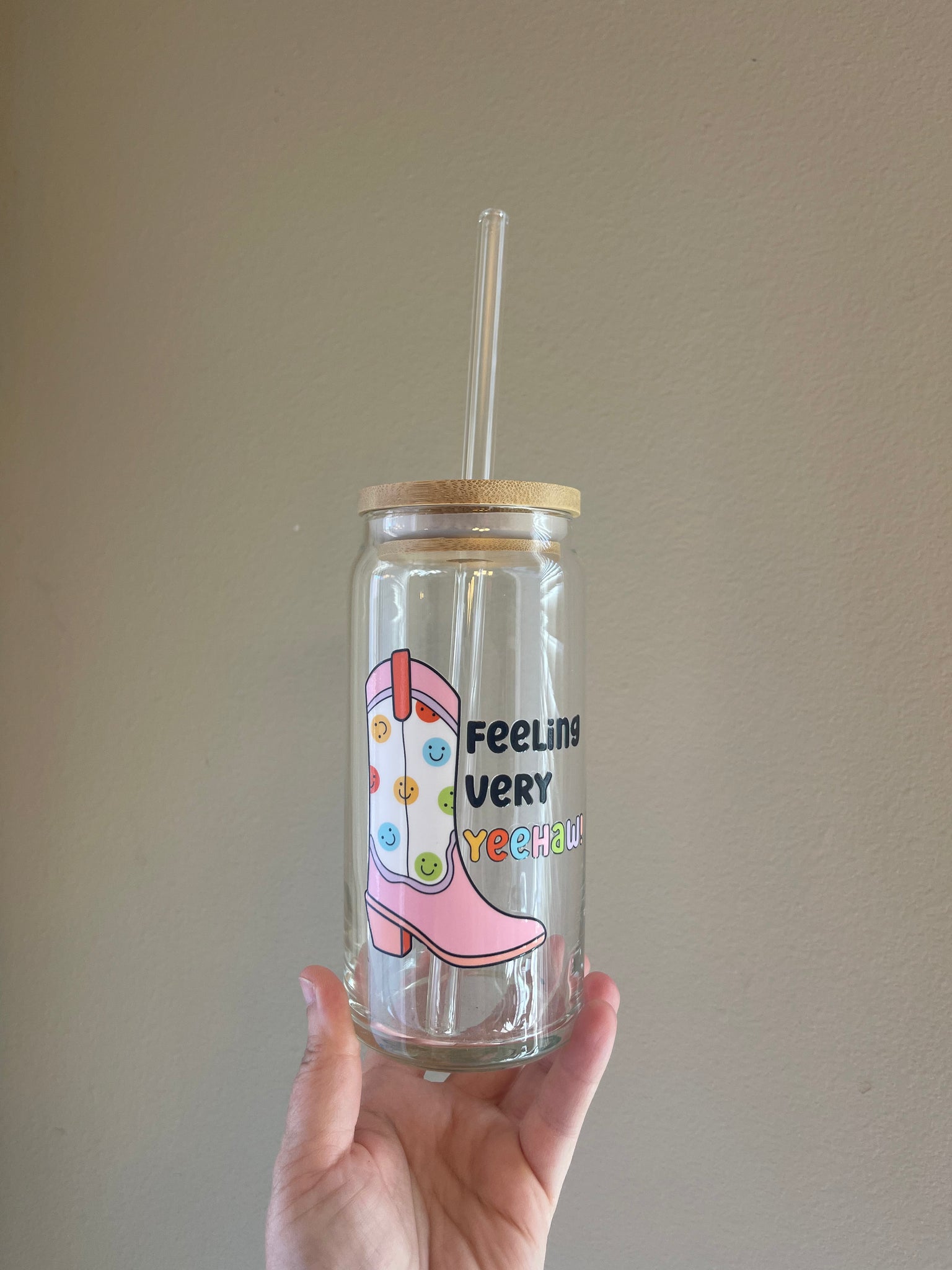 Feeling Very Yeehaw 20 oz Can Glass W/ Bamboo Lid and Glass Straw
