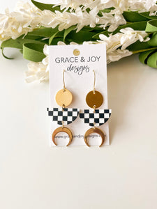 Gold moon & Checkered Earrings