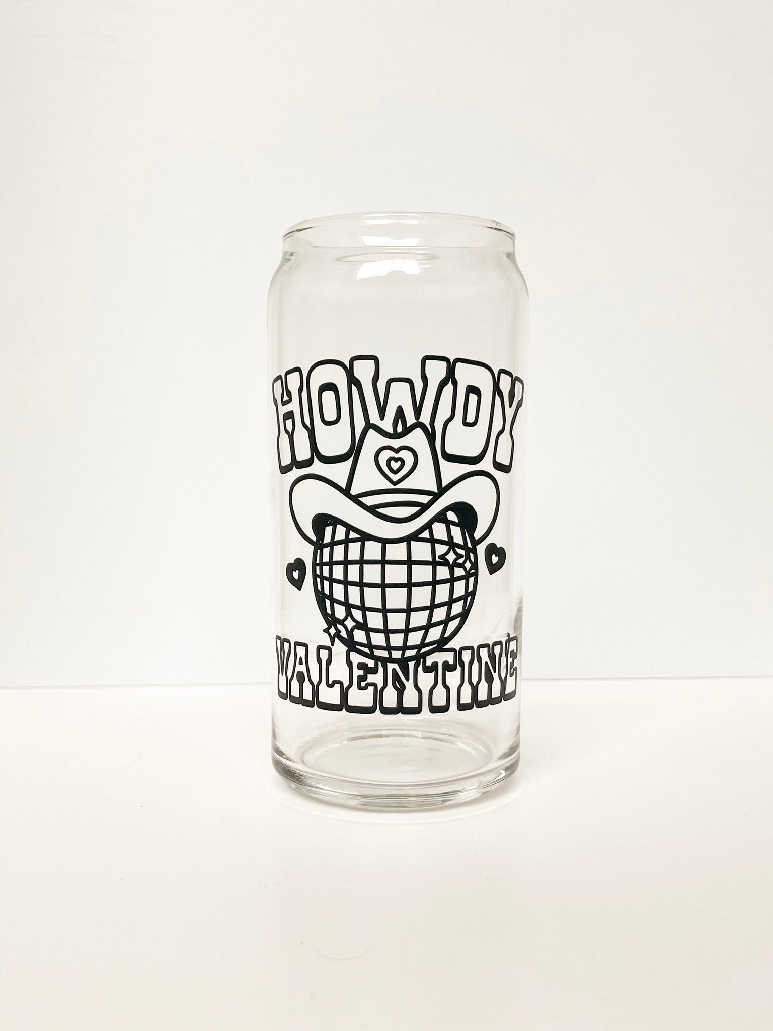 20 oz Can Glass - black disco cowboy howdy valentine w/ Bamboo Lid & Glass Straw
