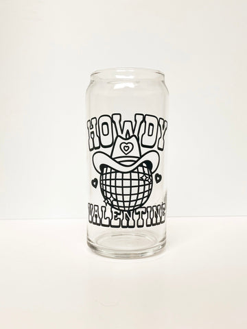 20 oz Can Glass - black disco cowboy howdy valentine w/ Bamboo Lid & Glass Straw