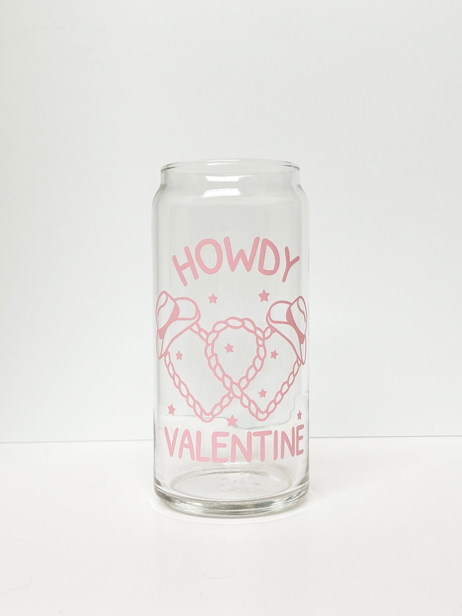 20 oz Can Glass - howdy valentine rope hearts w/ bamboo lid and glass straw