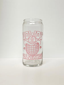 20 oz Can Glass - Pink howdy valentine disco ball w/ bamboo lid and glass straw