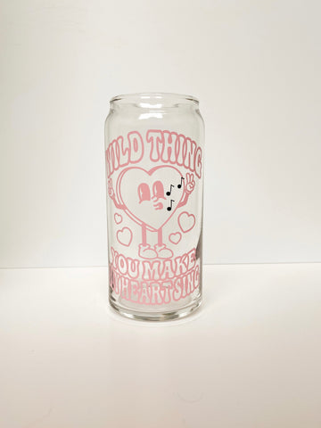 20 oz Can Glass - pink wild thing w/ Bamboo Lid & Glass Straw